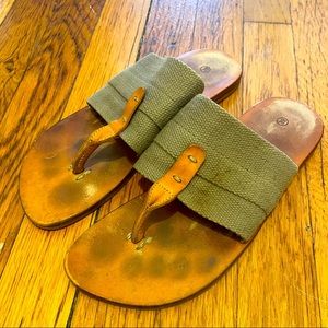 Exception leather sandals with olive green canvas straps.